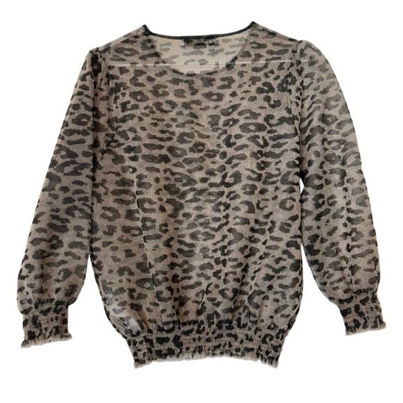Zara Leopard Print Sheer Mesh Long Sleeve Blouse Top Gray Black Small - Picture 2 of 4